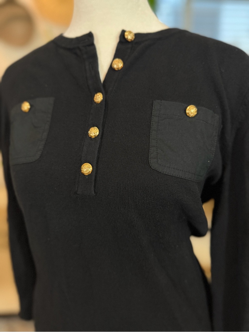 Lauren Ralph Lauren Black Cotton Henley Sweater Womens L Gold Crest Buttons - Picture 4 of 10